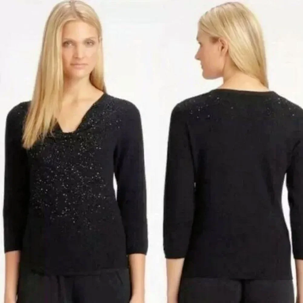Eileen Fisher Sweater Merino Wool Glass Beaded Cowl Knit Lagenlook Size Large